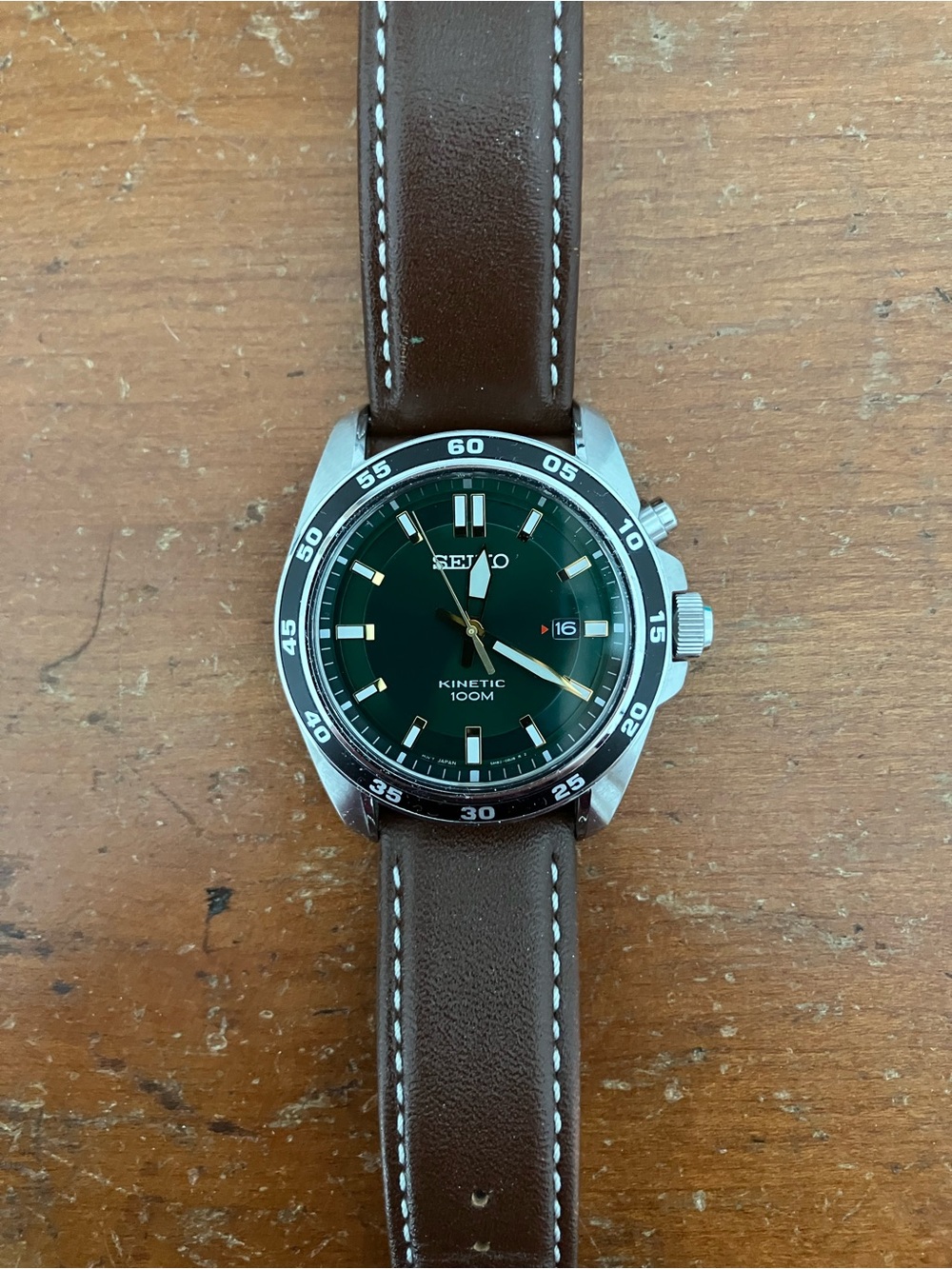 Seiko Kinetic Green Dial Brown Leather Men's Watch SKA